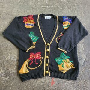 Vintage McNaughton Christmas Cardigan Sweater Size M Black Embroidered Bells